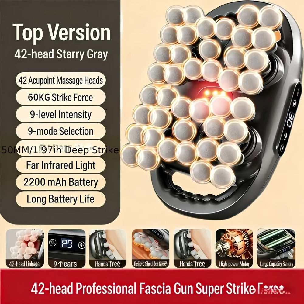 Massage Gun – 42-Head Percussion Fascia Gun with 9 Speed Modes, Deep Tissue Muscle Massager for Back, Neck, Shoulder & Leg Pain Relief, Rechargeable Cordless Handheld Recovery Device for Athletes