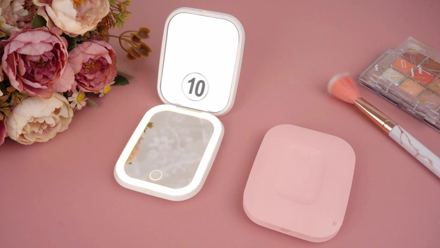Compact Makeup Mirror with Light 10X Magnification, Rechargeable LED Pocket Mirror 3 Color Modes Adjustable Brightness 2-Sided Folding Purse Mirror for Women Travel Daily Use, Beauty Gift for Mom