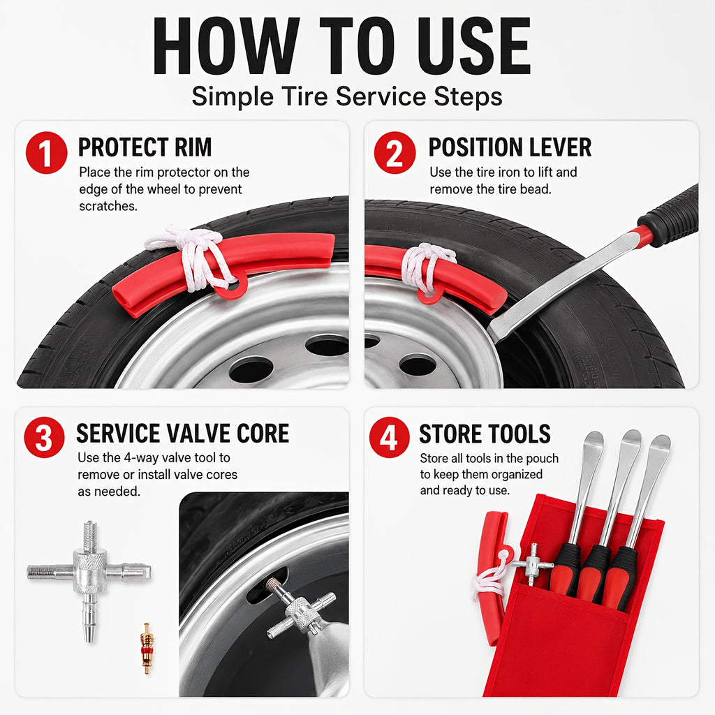 29/24/12pcs Tire Changing And Valve Service Tool Kit with Tire Lever Tools, Valve Caps, Valve Cores, 4-Way Valve Tool, And Storage Pouch for Garage Tire Maintenance And Vehicle Care