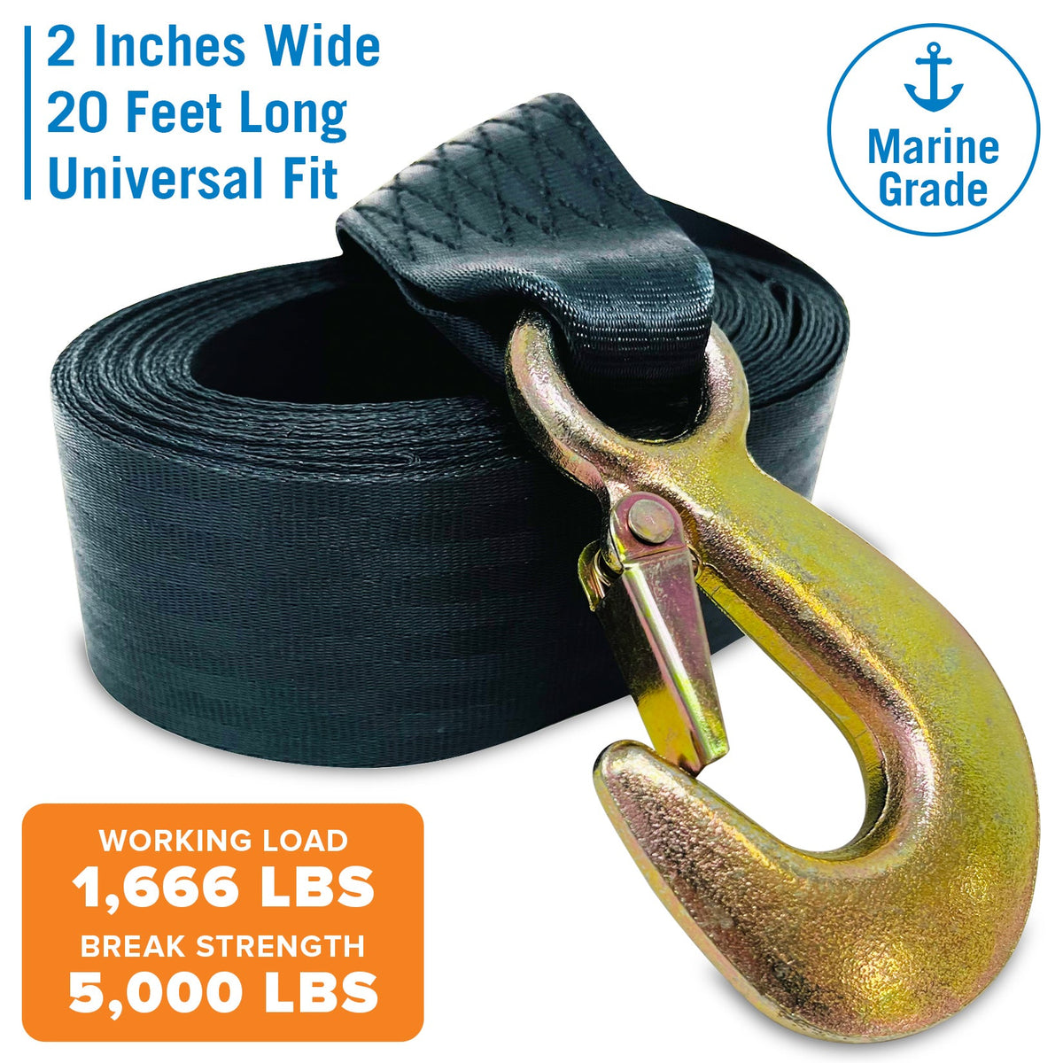 Boat Trailer Winch Strap with Hook Bow Boat Winch Strap Replacement for Hand Crank Trailer Heavy Duty Boat Hook Boat Winch Strap with Hook Towing Boat Trailer Straps 10000Lbs 2" x 20 Feet