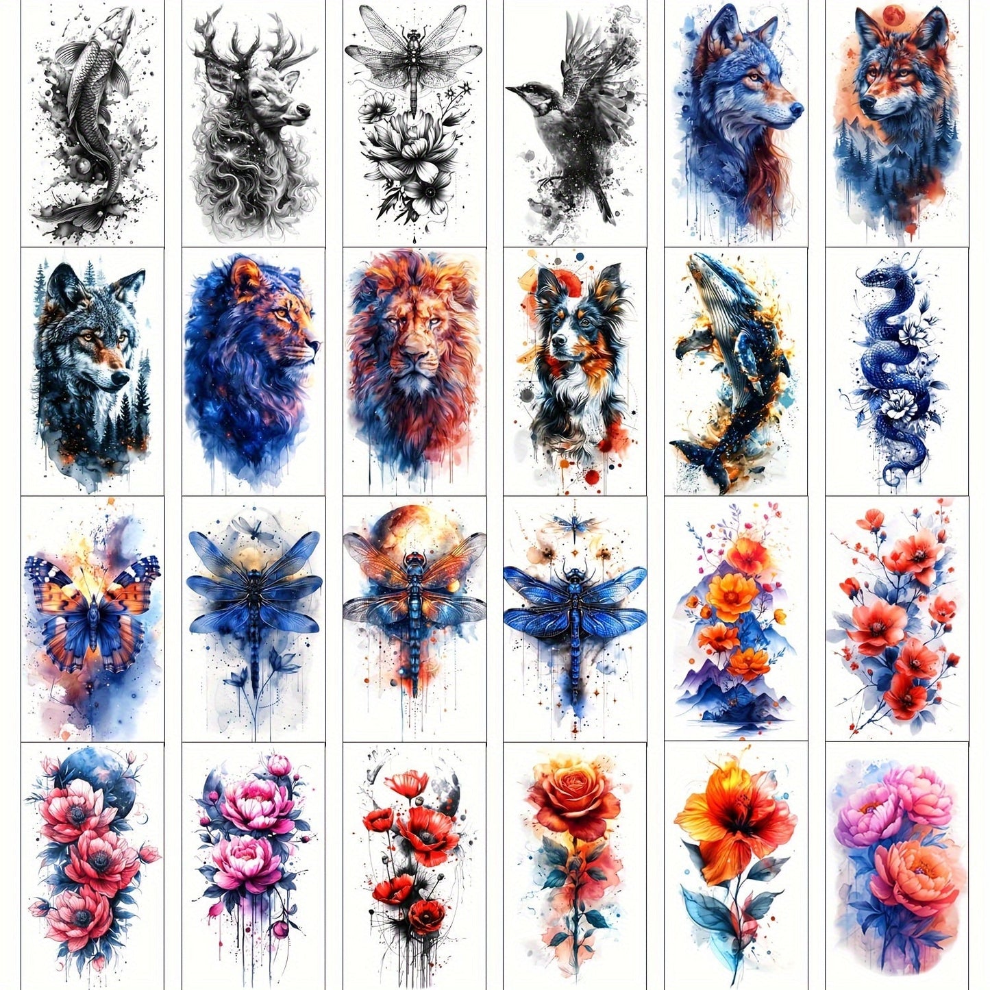 Watercolor Temporary Tattoos 24 Sheets for Women & Kids – Large Realistic Fake Tattoo Stickers Flower & Animal Designs Long Lasting Body Art Half Arm Tattoos