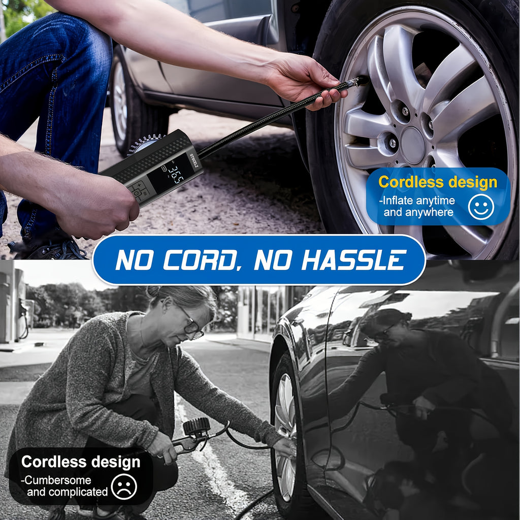 Portable Tire Inflator with Digital Pressure Gauge, Rechargeable Battery, LED Light, Cordless, Suitable for Cars, Motorcycles, Bicycles, And Balls