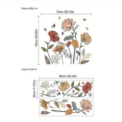 Bohemian Flower Wall Stickers Self-Adhesive Peel and Stick - Wildflowers & Fruits Wall Art Decals for Living Room Bedroom TV Background - Removable Matte Boho Floral Wall Decoration Sticker