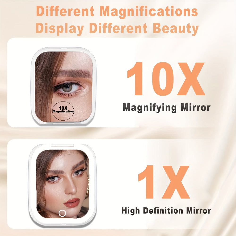 Compact Makeup Mirror with Light 10X Magnification, Rechargeable LED Pocket Mirror 3 Color Modes Adjustable Brightness 2-Sided Folding Purse Mirror for Women Travel Daily Use, Beauty Gift for Mom