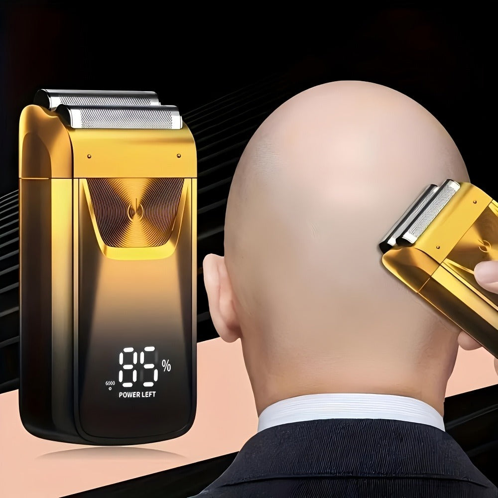 Bald Head Shaver & Beard Trimmer 2-in-1 Electric USB Rechargeable – Aluminum Foil Razor Professional Hair Clipper Grooming Tool for Men, Cordless Portable Silvery & Gold