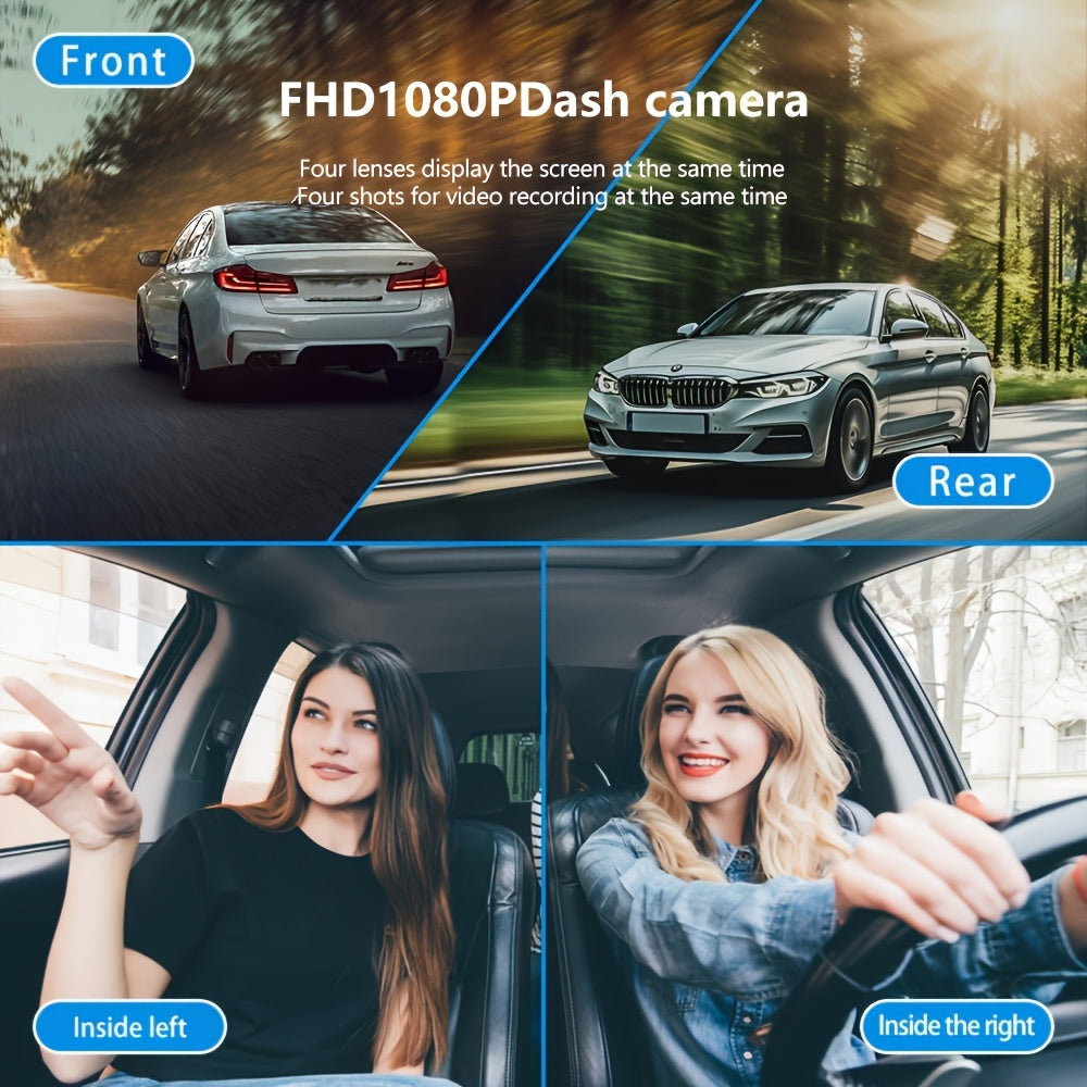 Wifi And 512GB Memory Card, Car Dash Cam, 4-Lens 1080P Full HD Video, Front, Back, Left And Right 360-Degree Driving Recorder, 170-Degree Ultra-Wide Angle, Support Loop Recording, Driving Record