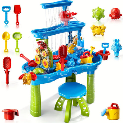 Sand and Water Table for Toddlers 3-Tier – Outdoor Sensory Play Set with Shovel Scoop & Strainer, BPA-Free Backyard Beach Summer Activity Toy for Boys & Girls Ages 2 3 4 5 6 (Blue)