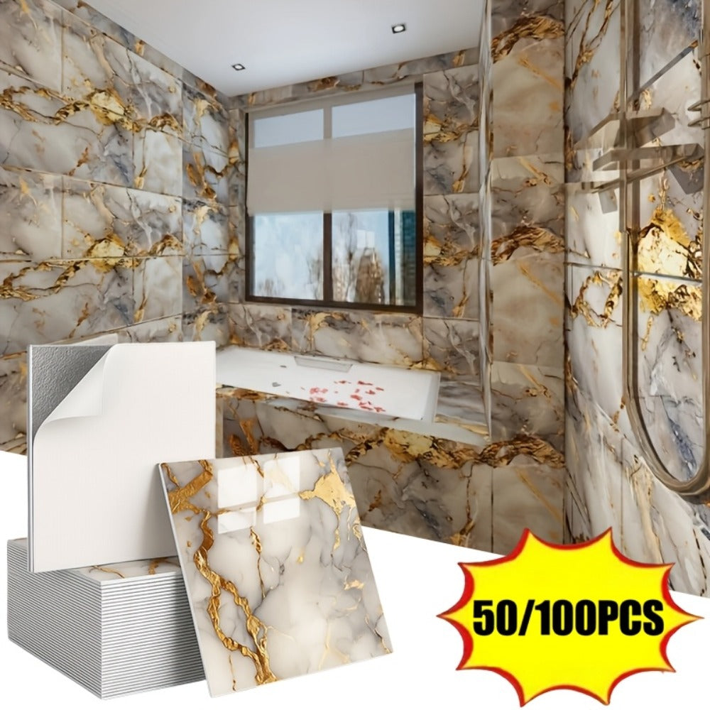 Peel and Stick Wall Tiles 50/100pcs - Waterproof PVC Marble Self-Adhesive Vinyl Panels for Bathroom Shower Kitchen Living Room TV Backdrop, Modern Wall Decor Easy Installation No Grout Required
