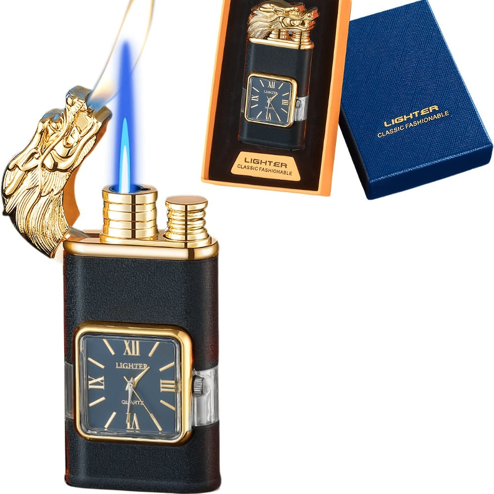 Double Flame Torch Lighter for Men – Windproof Refillable Butane Lighter with Vintage Quartz Dial, Zinc Alloy Body, Gift Box Included, Outdoor Camping BBQ Survival, Unique Engraved Style (Butane Not Included)