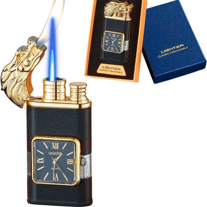 Double Flame Torch Lighter for Men – Windproof Refillable Butane Lighter with Vintage Quartz Dial, Zinc Alloy Body, Gift Box Included, Outdoor Camping BBQ Survival, Unique Engraved Style (Butane Not Included)