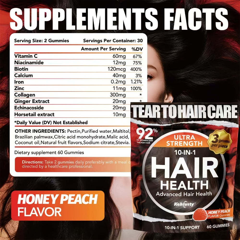 Biotin Gummies for Hair Growth with Collagen Complex Vitamin C & Ginger — 90 Chewable Gummies for Thicker Fuller Hair, Thinning Hair Support, Peach Flavor, 30-Day Supply for Men & Women