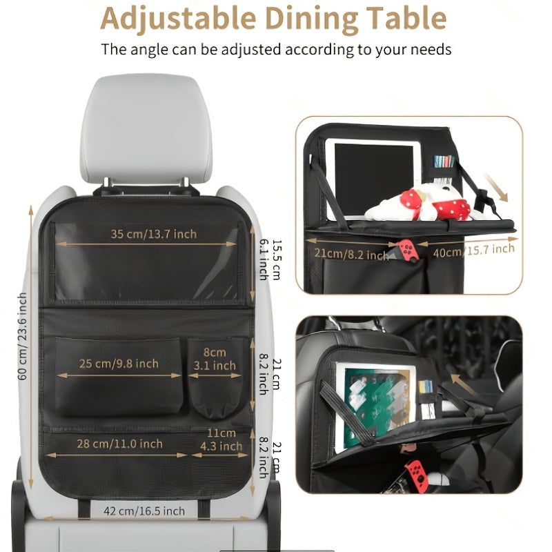 Car Backseat Organizer with Tablet Holder, 6 Storage Pockets Car Storage Organizer with Foldable Food Tray, Protectors Kick Mats Travel Accessories-Black