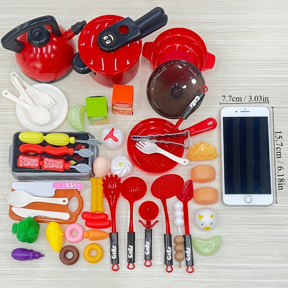 Kids Pretend Play Kitchen Set 51 Pcs – Cookware Tableware & Play Food Toddler Kitchen Toy for Boys & Girls Ages 3+ – STEM Learning Role Play Cooking Gift for Birthday Christmas Holiday Red