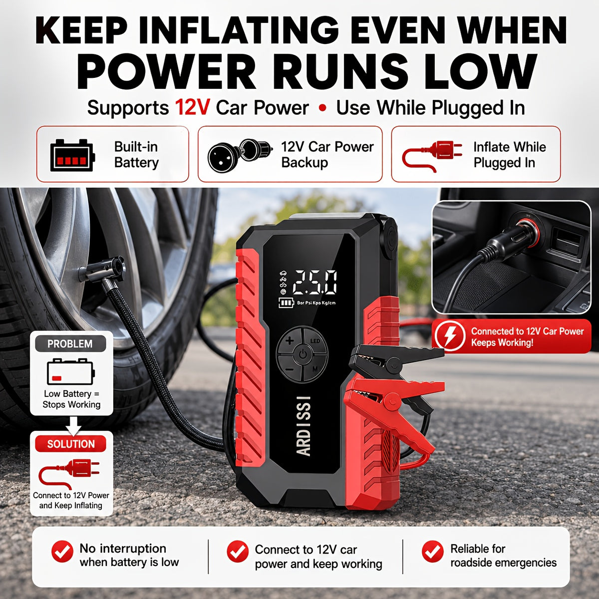10000A 7-In-1 Multifunctional Emergency Jump Starter with 150PSI Air Pump, Digital Tire Inflator, Portable Car Battery Charger, Up to 2.64gal Gas/2.38gal Diesel, LED Emergency Light & USB Charging, Car Emergency Tool. Suitable As a Holiday Gift