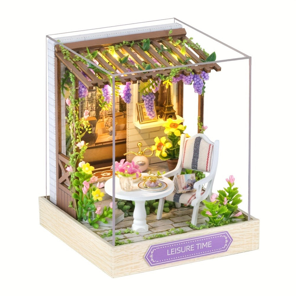 DIY Wooden Tiny House Kit with Dust Cover – Handmade Miniature Dollhouse Puzzle, 3 Themes Afternoon Tea Rotating Food House Moon Magic, Creative Home Decor Gift for Adults & Teens Birthday Christmas