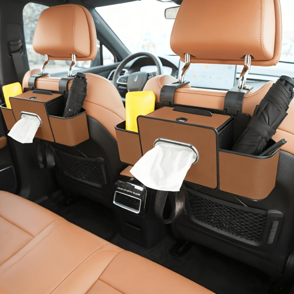 Car Backseat Organizer 8-in-1 – 2-Pack Multi-Function Hanging Storage with Cup Holders & Napkin Drawer, Large Capacity Back Seat Organizer for Family Trips | Black & Beige