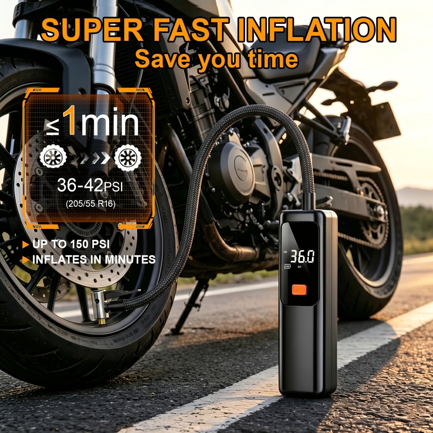 Electric Tire Inflator Portable Air Pump with Digital Pressure Display – Wireless Cordless Design, High-Power Fast Inflation, Auto Preset PSI, Multiple Nozzles for Car, Motorcycle, Bicycle, Basketball, Football & Volleyball