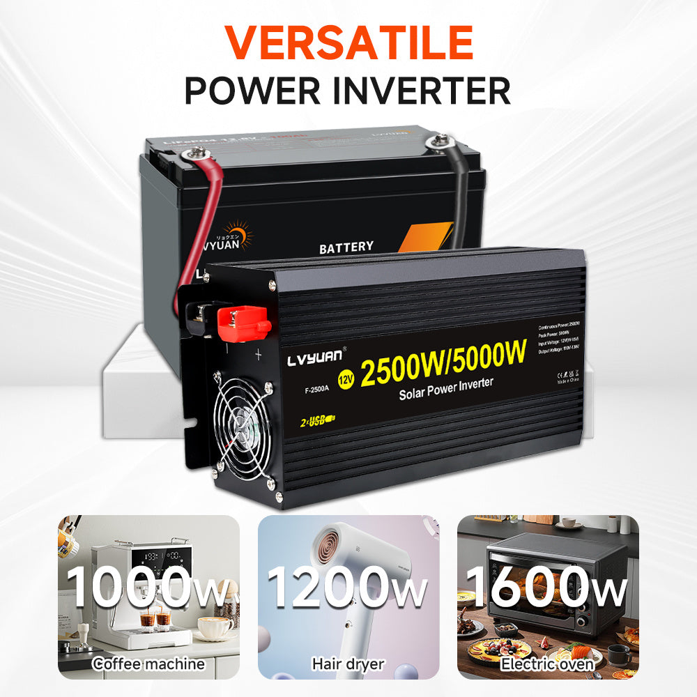 2500W Power Inverter 5000W (Peak) 12V to 110V DC to AC with LCD Display, Remote Controller 4 x AC Outlets and 4 x 3.1A USB Car Adapter for Car Truck Boat RV Solar System