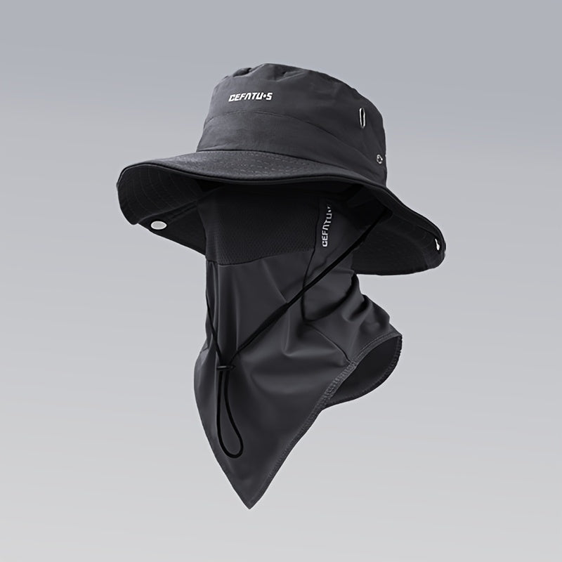 Wide Brim Sun Hat with Face Mask 2-Set UV Protection Foldable Fishing Hat, Breathable Drawstring Outdoor Cap for Beach, Fishing, Hiking & Outdoor Work, Unisex Men & Women, Black Gray Khaki