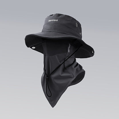 Wide Brim Sun Hat with Face Mask 2-Set UV Protection Foldable Fishing Hat, Breathable Drawstring Outdoor Cap for Beach, Fishing, Hiking & Outdoor Work, Unisex Men & Women, Black Gray Khaki