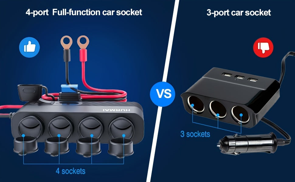 12V Socket Power Outlet, 10FT Cable 24V 216W Multi Port Outlet, 12 Volt Car Plug Lighter Socket, Power Supply Car Plug Outlet, Extension Cable With Perforated Terminal Direct Battery Adapter