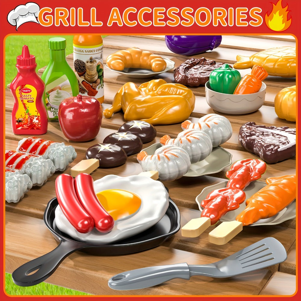 Kids BBQ Grill Playset Two-Tier with Toy Food Meats Fruits Spices & Working Water Tap – Pretend Play Outdoor Cooking Toy for Girls Boys Ages 3+ | Best Birthday Christmas Gift