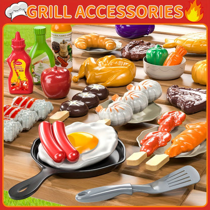 Kids BBQ Grill Playset Two-Tier with Toy Food Meats Fruits Spices & Working Water Tap – Pretend Play Outdoor Cooking Toy for Girls Boys Ages 3+ | Best Birthday Christmas Gift