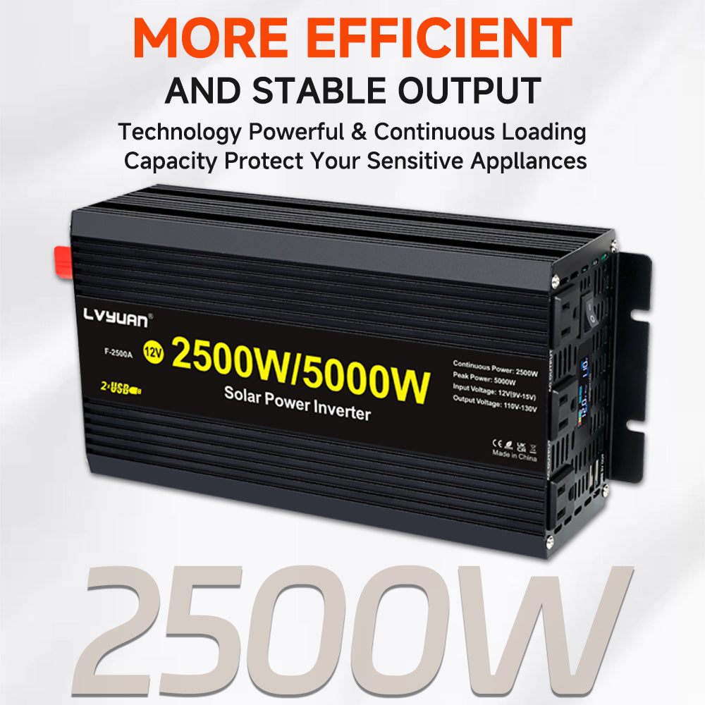 2500W Power Inverter 5000W (Peak) 12V to 110V DC to AC with LCD Display, Remote Controller 4 x AC Outlets and 4 x 3.1A USB Car Adapter for Car Truck Boat RV Solar System