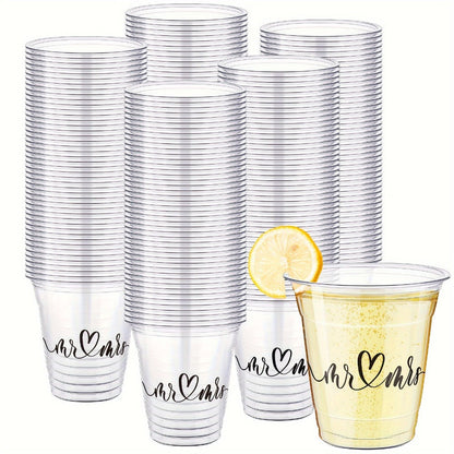 Disposable Wedding Cups 200 Pack 10oz Clear Plastic Glasses Bulk for Wedding Reception Supplies Bridal Shower Anniversary Birthday Party Mr and Mrs