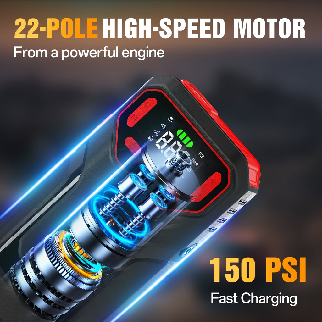 Kickstart Your Vehicle Using an Air Compressor with a Maximum Pressure of 150 PSI And a 12V Power Supply, Ideal for 8.5 Liters of Gasoline Or 1.72 Gallons of Diesel. It Features USB Input/Output And an LED Emergency Light