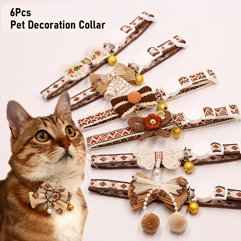 Cat Collar Set 6 Pack Decorative with Bow Lace Bells & Hanging Beads, Safety Breakaway Buckle Anti-Choke Cat Necklace Collar, Stylish Pet Collar Gift Set for Cats & Small Dogs