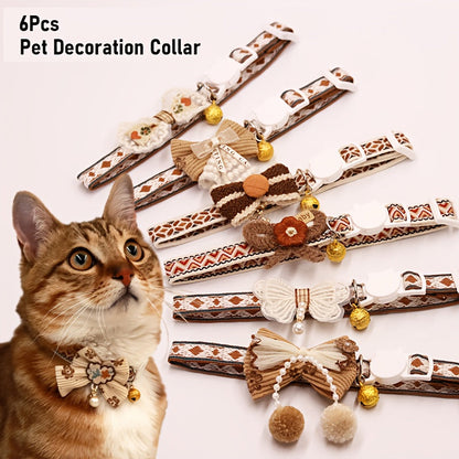 Cat Collar Set 6 Pack Decorative with Bow Lace Bells & Hanging Beads, Safety Breakaway Buckle Anti-Choke Cat Necklace Collar, Stylish Pet Collar Gift Set for Cats & Small Dogs