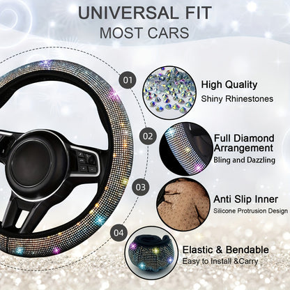 Rhinestone Car Accessories Set for Women 8 Pcs – Bling Steering Wheel Cover Cup Coasters Seat Belt Pads Shift Knob Cover Starter Rings – Multicolor Pink Purple