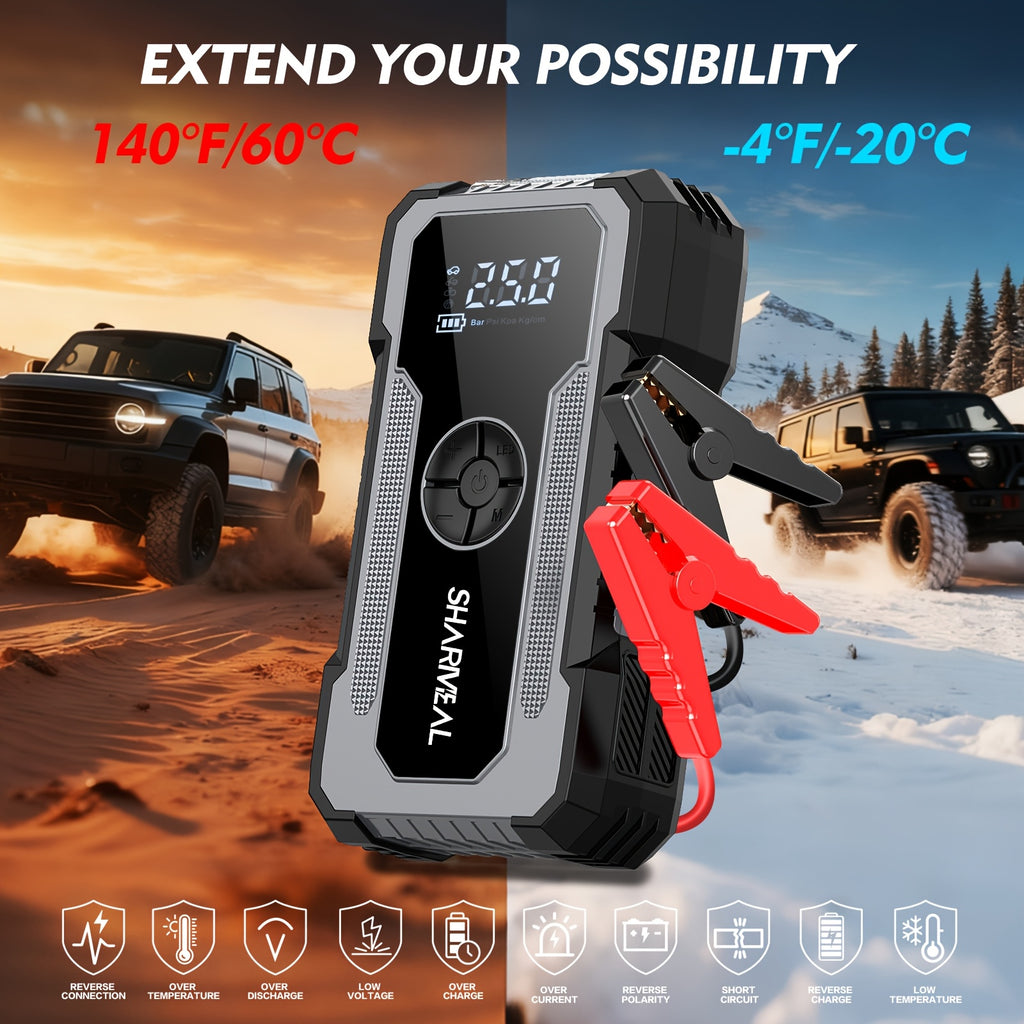SHARMEAL 16000/20000A 17-in-1 Portable Jump Starter With Air Compressor, Jump Starter For Car, Multi-Function Power Pack With Tire Inflator, LED Light & Power Bank, For 12V Vehicles (All Gas & Diesel Engines), Cars, Trucks, SUVs, RVs & Motorcycles