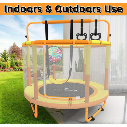 60 Inch Kids Trampoline 6-in-1 with Safety Net Enclosure, Basketball Hoop, Swing, Dart Board & Gymnastic Rings – Indoor Outdoor Toddler Trampoline for Boys Girls, 5ft Fun Activity Center