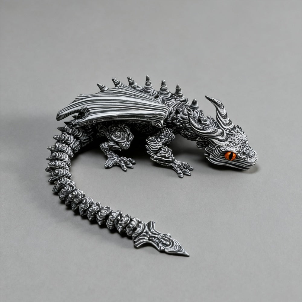 Articulated Cybernetic Dragon Statue – 3D Printed Black & White Swirl Fidget Figurine with Random Eye Color, Poseable Collectible Fantasy Art for Desktop Display, Cool Gift for Teens & Adults 14+