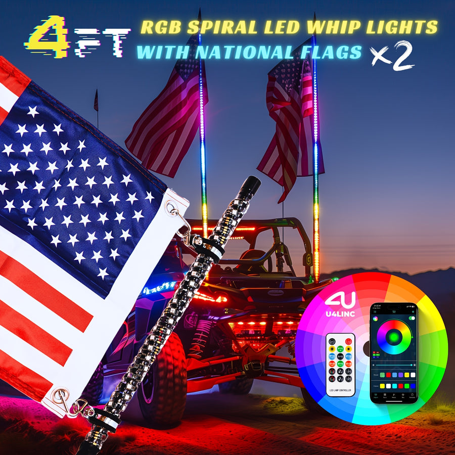 1 Pair (2pcs) 1ft/2ft/3ft/4ft Brighter RGB LED Whip Lights Flag Pole Remote And APP Control Color Changing Lamp Spiral RGB Music Chasing/Dancing Neon Light Whips for UTV ATV RZR SXS Side By Side Dune Buggy Offroad Truck (w/o Spring Base)