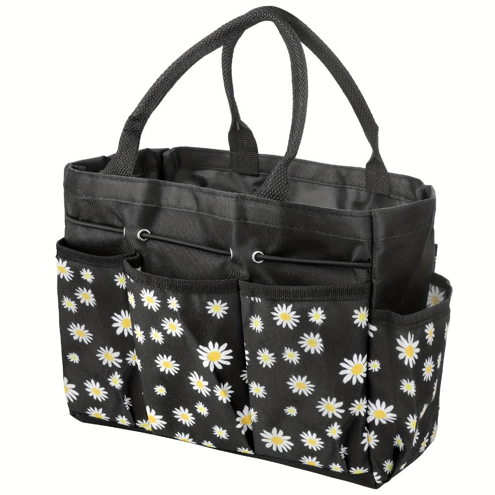 Garden Tool Bag Heavy Duty Multi-Pocket Organizer – Large Capacity Tool Storage Carrier Tote for Gardening, Lawn Care, Camping & Outdoor Work, Portable Daisy Pattern, Black & Gray (No Tools Included)