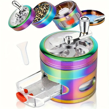 Spice Grinder 4-Layer Hand Crank Metal Herb Grinder – Colorful Rainbow Multifunctional Spice Crusher for Kitchen, Manual Spice Mill, Kitchen Gadget Gift