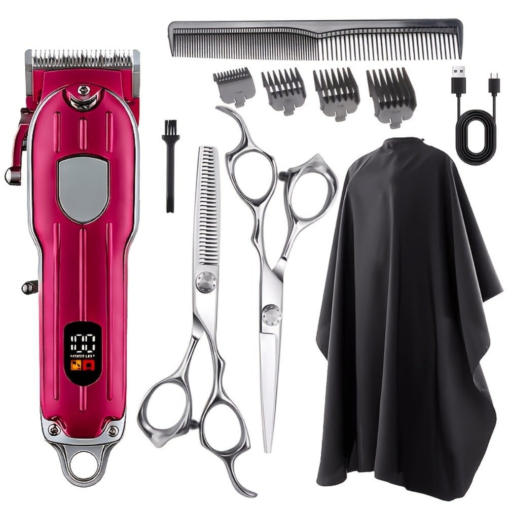 Barber Hair Clipper Kit for Men — USB Rechargeable Digital Size Adjustment, Complete Set with Scissors & 4 Limit Combs, Professional Home Barbering Grooming Set, Gift for Dad & Husband