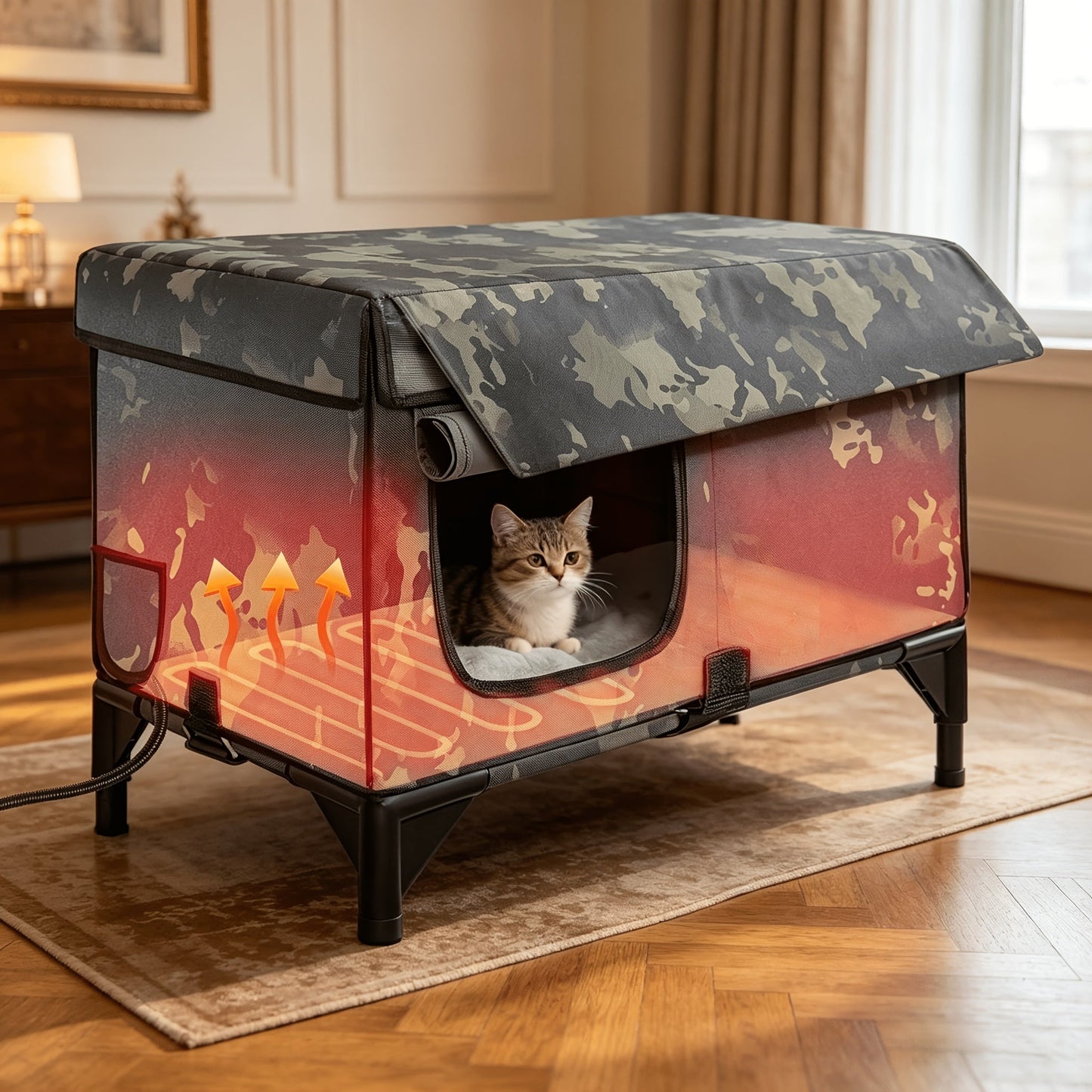 Heated Cat House 3-in-1 with Removable Warming Pad, Elevated Cat Bed for Indoor & Outdoor Cats, Chew-Resistant Cord, Double Door Cat Cave, All-Season Cat Shelter & Condo