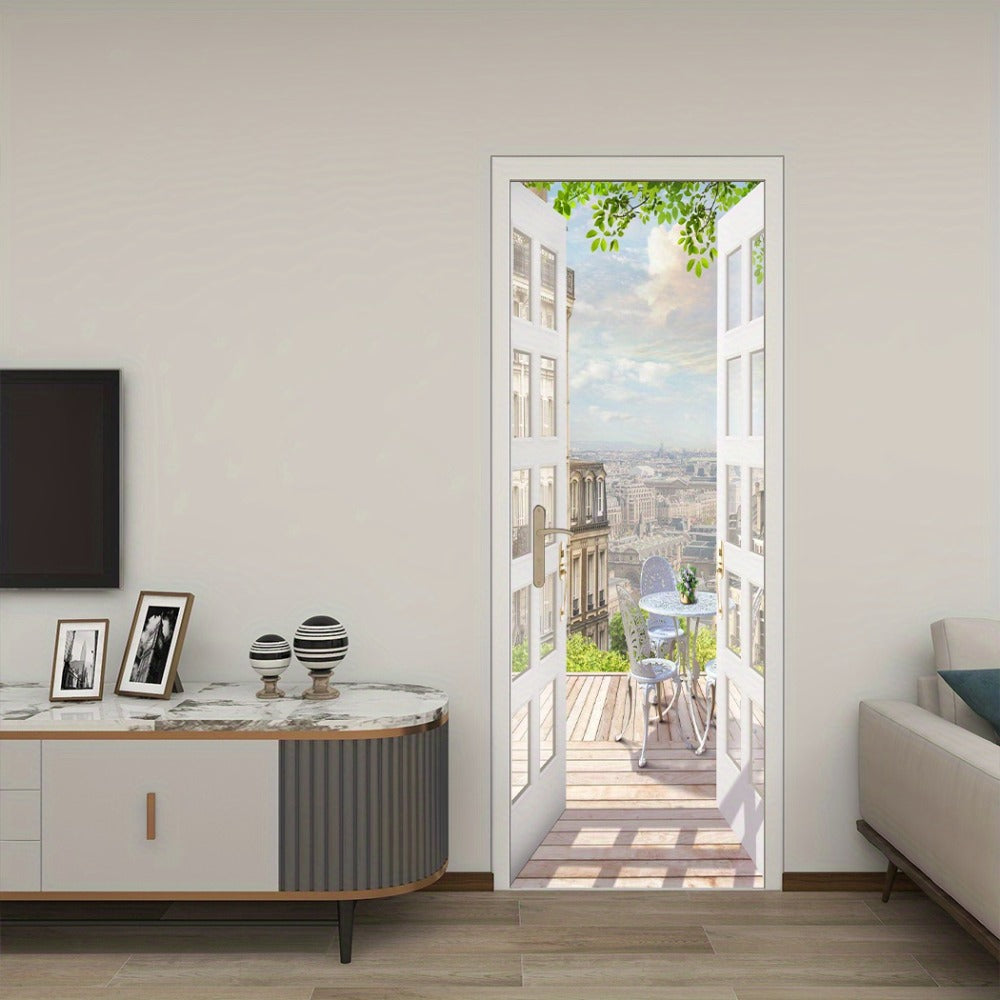 Door Sticker Balcony Scenery Wall Mural – Removable Waterproof Peel & Stick Large Wall Art for Bedroom & Living Room, Faux Window View Home Decor, 35.43 x 78.74 Inches