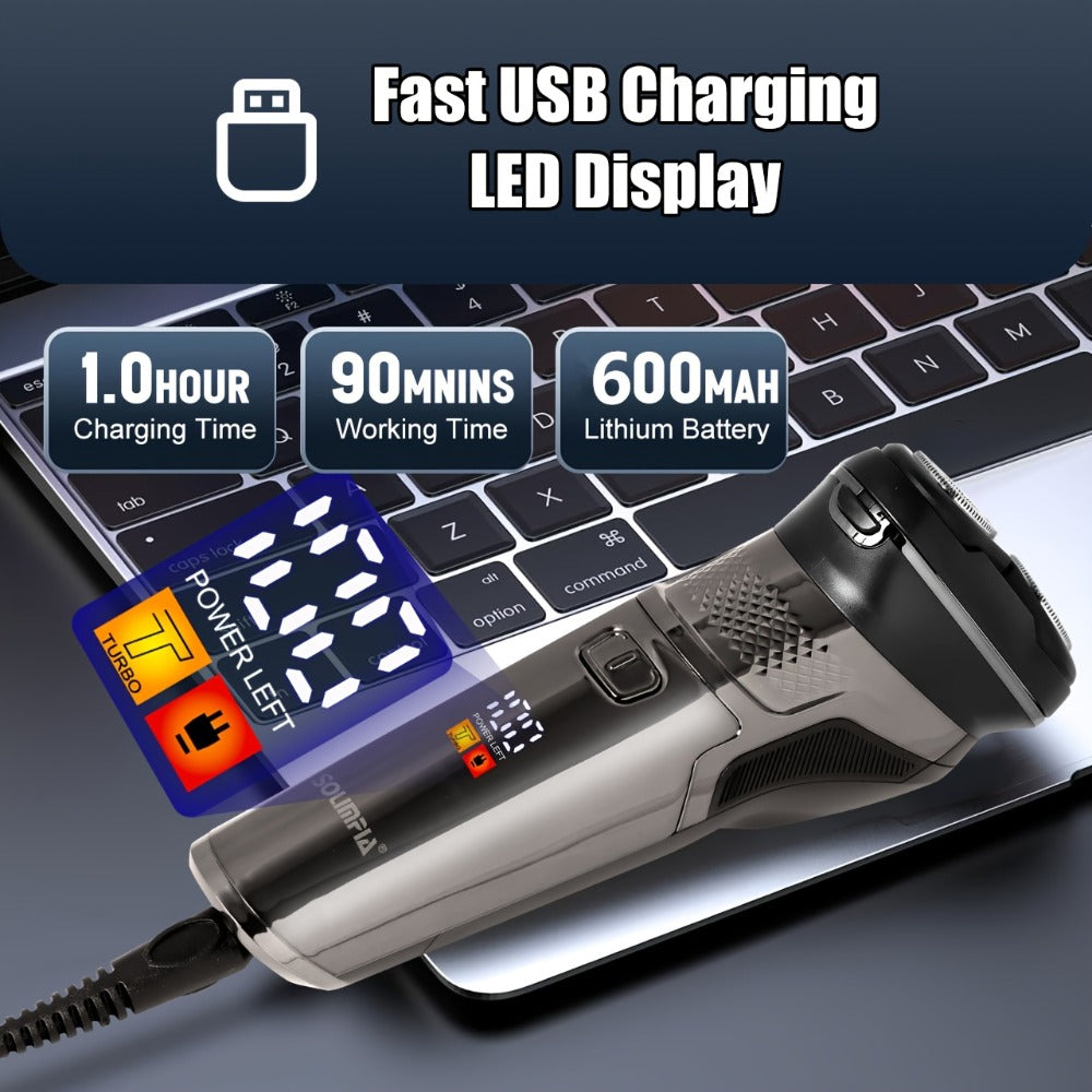 Men's Electric Rotary Shaver with 3D Flexible Floating Heads – USB Rechargeable Cordless Electric Razor with Adjustable Trimmer for Close Comfortable Shave, Dark Grey