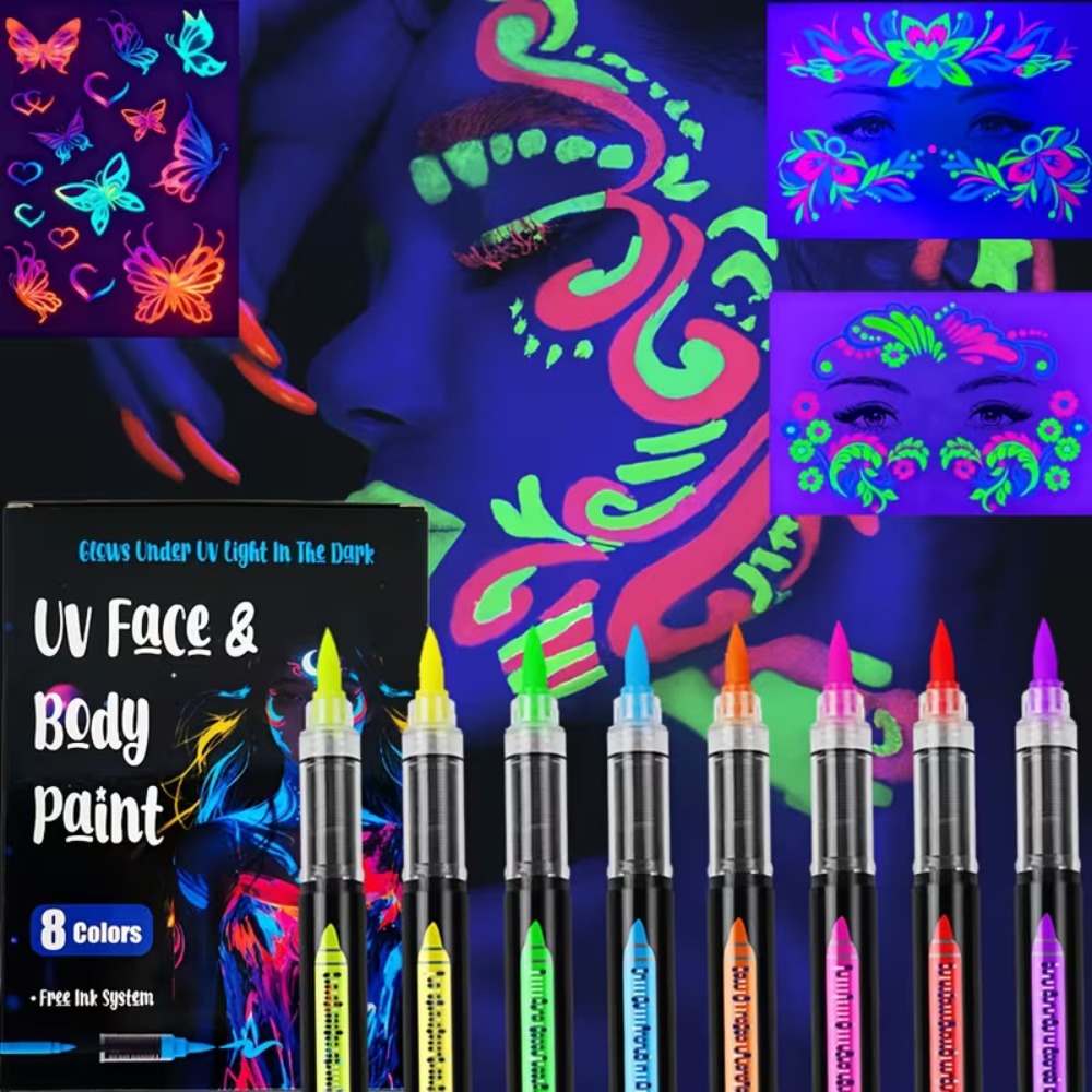 Neon Body Face Paint Pens Set of 8 – Glow-in-the-Dark UV Reactive Markers for Temporary Tattoos, Party Makeup, Mardi Gras, Music Festivals, Masquerade & Halloween