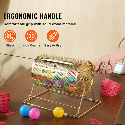 Raffle Drum Spinning Cage 12 Inch – Brass Plated Metal Lottery Ticket Drum with Wooden Handle, Holds 2500 Tickets or 100 Ping Pong Balls, for Bingo Ballot Party Events Fundraisers Trade Shows