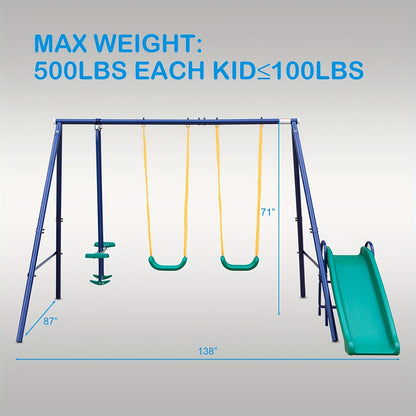 Heavy Duty A-Frame Metal Swing Set for Backyard with 2 Swings Slide Glider Seesaw Disc Seat Outdoor Playset for Kids Toddlers Backyard Play Structure