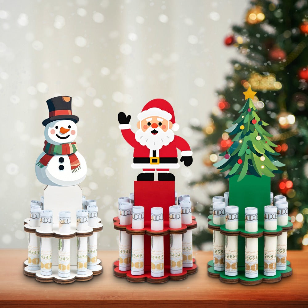 Christmas Money Tree Holder 3-Pack – Wooden Bill Dispenser Ornament with 10 Slots, Holiday Money Gift Display Stand, Table Decor for Winter Party Favors Stocking Stuffers