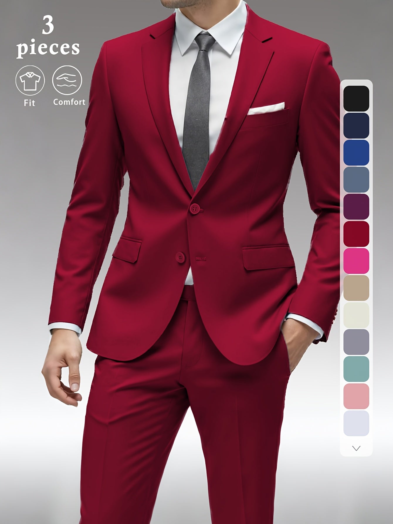 Men's Three-Piece Formal Suit - Slim Fit Solid Color