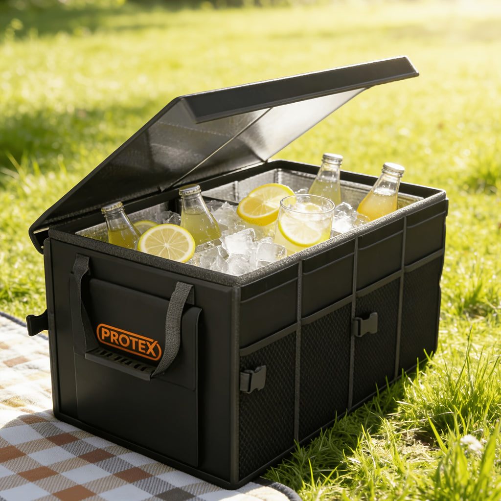 PROTEX Multifunctional Car Trunk Ice Pack (70 Liters) - Foldable with Lid, Cold And Heat Insulation, Large Capacity Organizer - Black Gray