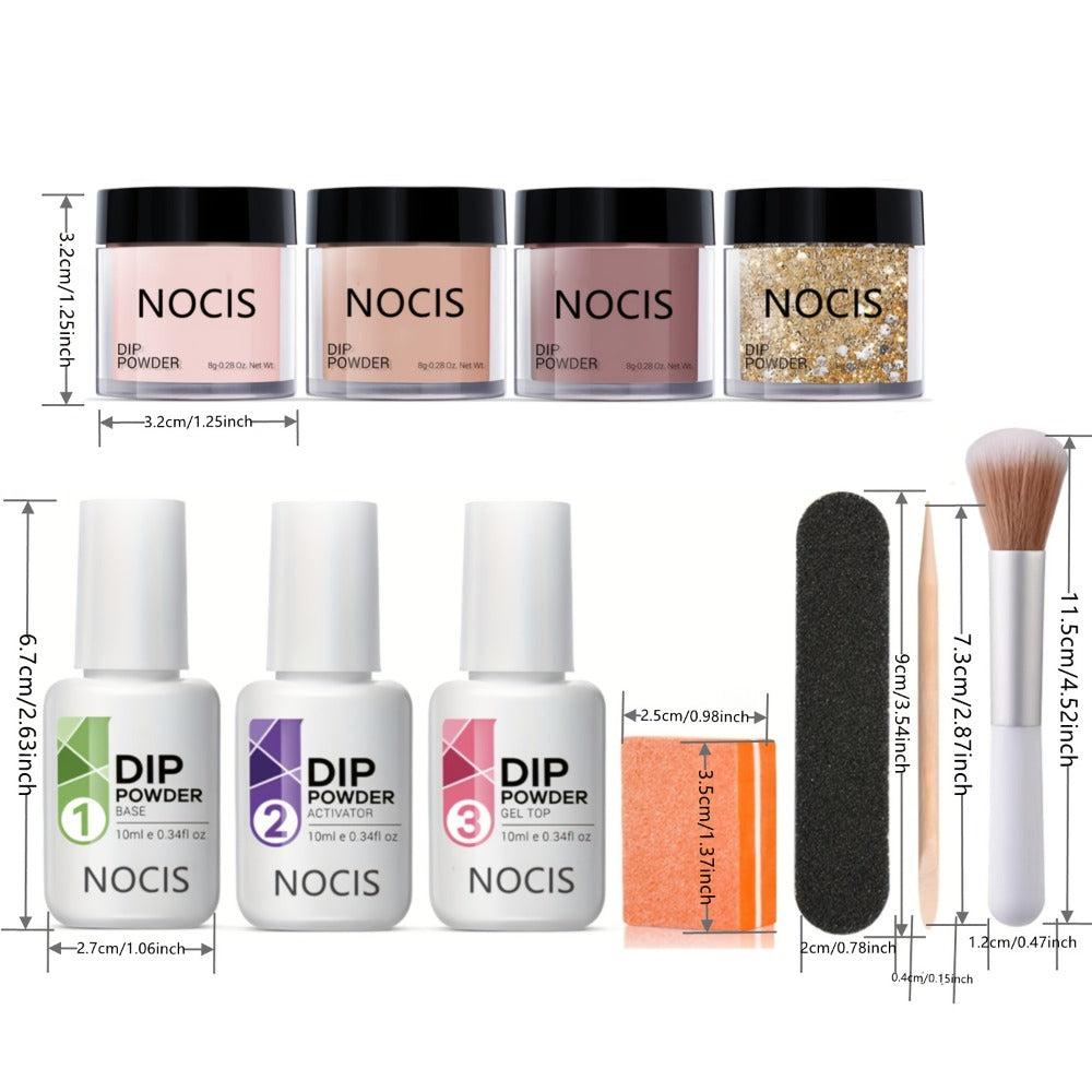 Dip Powder Nail Kit 11 Piece Complete Starter Set 4 Colors Nude Skin Tone Golden Glitter Acrylic Dipping Powder with Base Coat Top Coat & Activator - No Lamp French Nail Art Manicure Gift Set